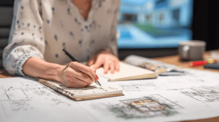 Architectural Concept Design Advice showing a designer writing notes while working over printed house plans in Wembley Downs.