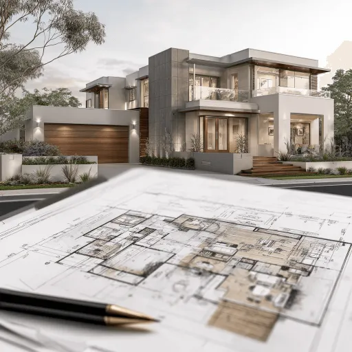 Architectural Concept Design Advice showing a finished modern home displayed behind detailed floor plans on a desk in Scarborough.