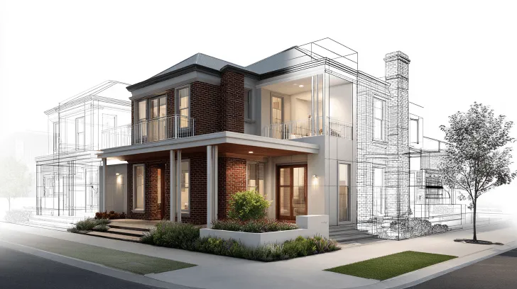 Architectural Concept Design Advice showing a two-storey house with design linework overlaid on the completed structure in Wembley.