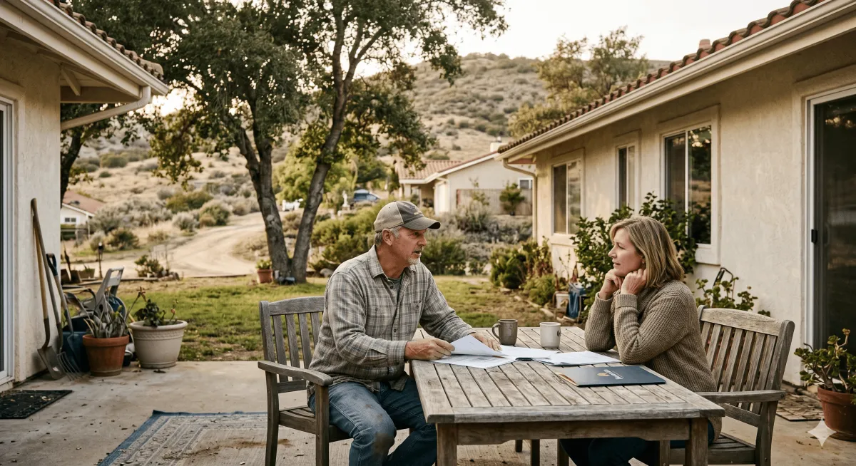 Homeowner reviewing financial paperwork while deciding whether to keep or sell their home
