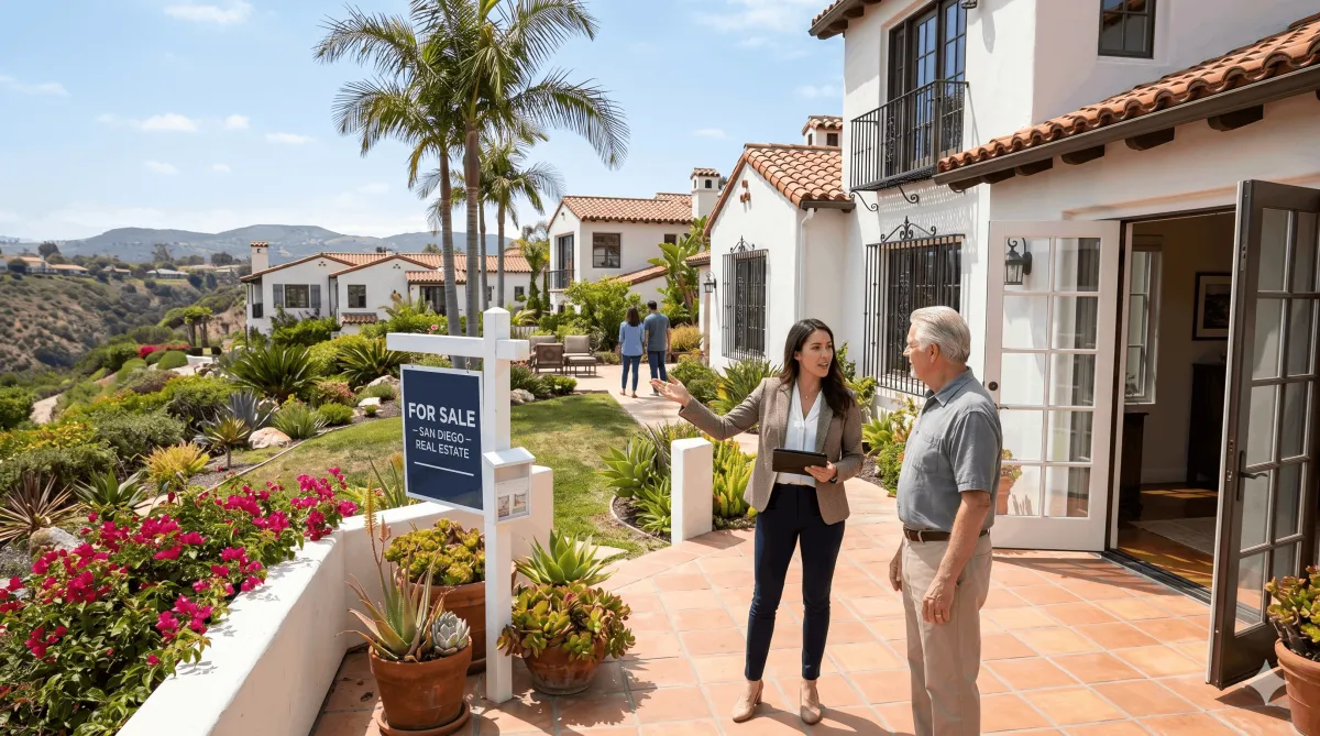 Home seller talking with a real estate agent during a home showing