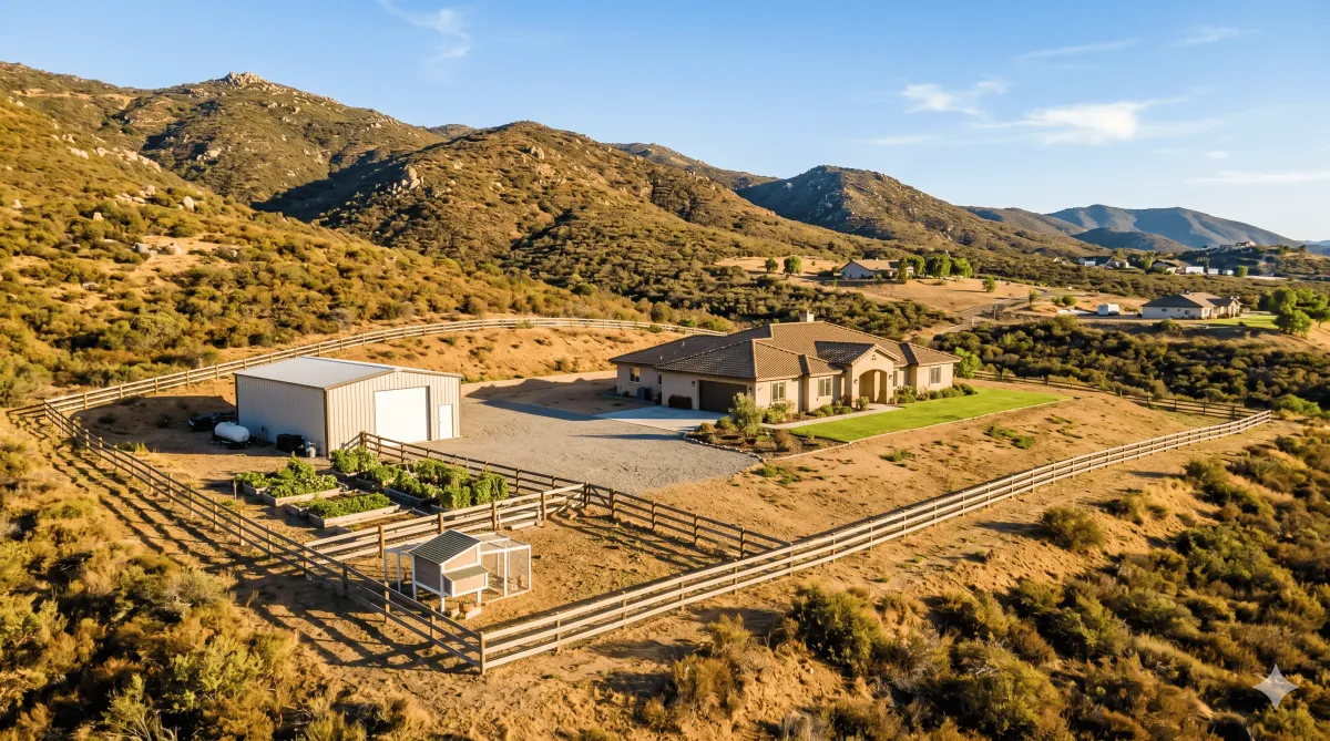 Acreage property in Alpine, California with open land, rural surroundings, and a home set back from the road