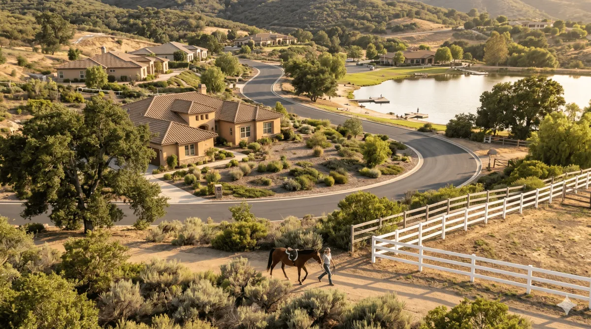 Lakefront community in Palo Verde Ranch, Alpine, California with custom homes, mature trees, and foothill views