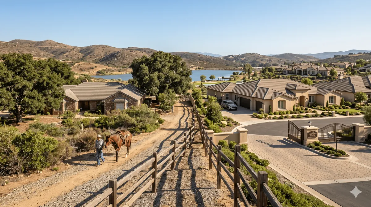 Entrance to Palo Verde Ranch in Alpine, California showcasing large homes, mature landscaping, and foothill surroundings