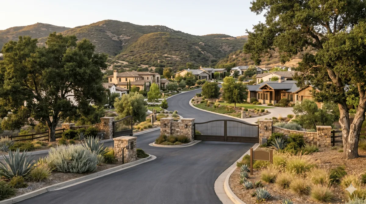 Gated community entrance near Alpine, California with custom homes, mature landscaping, and East County foothill views