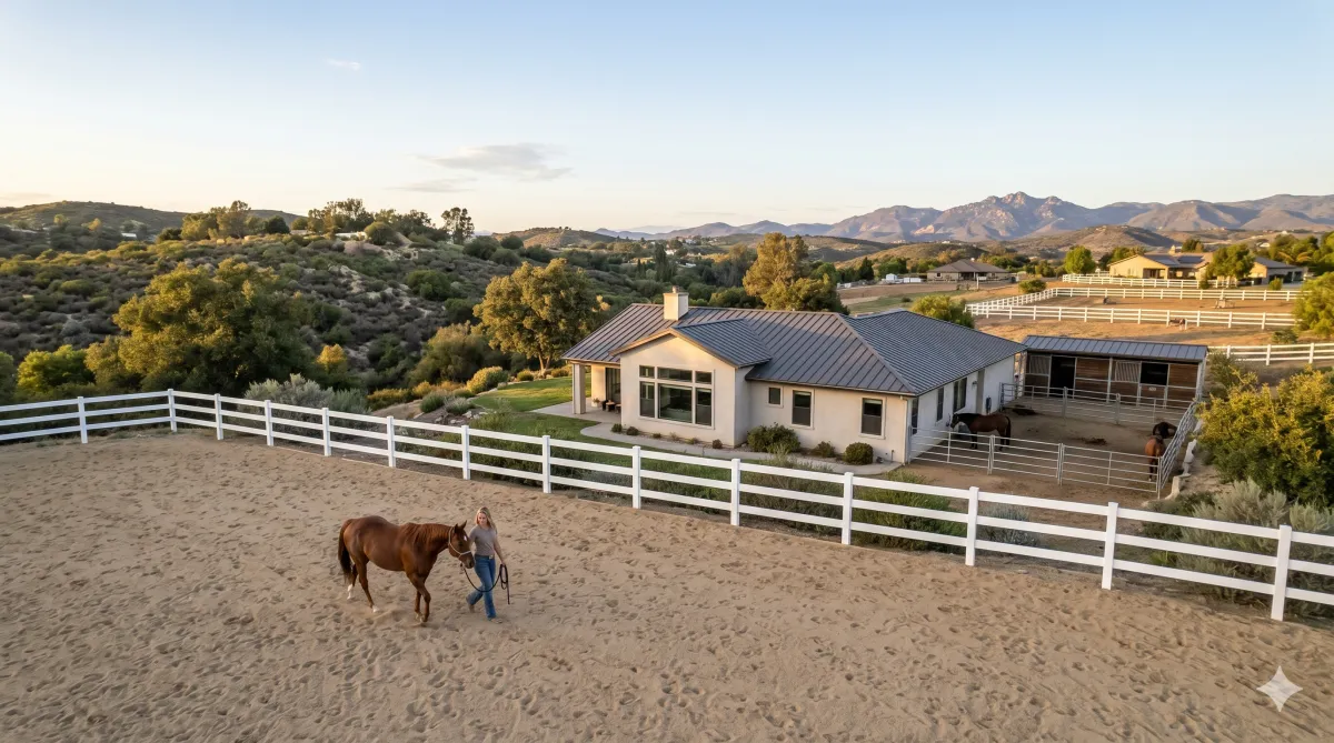Horse property in Alpine, California with fenced pasture, riding area, and East County foothill views