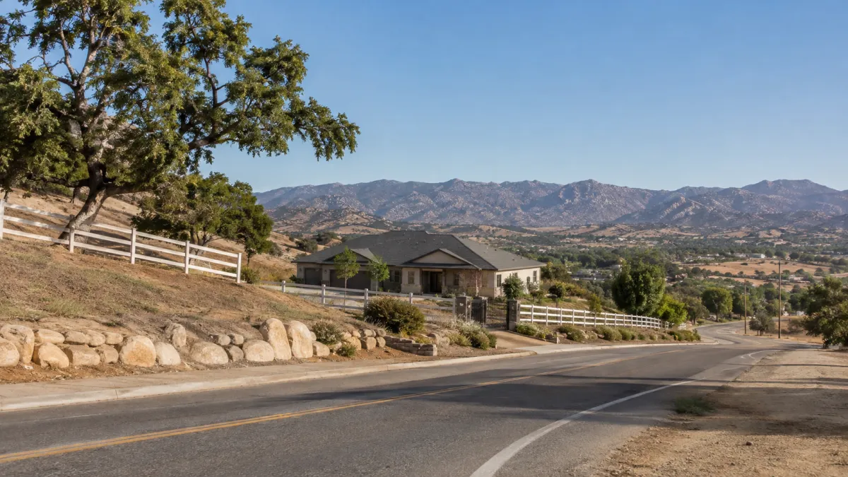 Semi-rural home in Alpine California with a large lot, open space, mature trees, and surrounding foothills