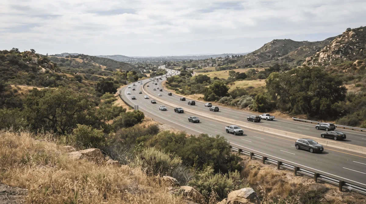 Interstate 8 running through the foothills near Alpine California with moderate commuter traffic heading toward San Diego