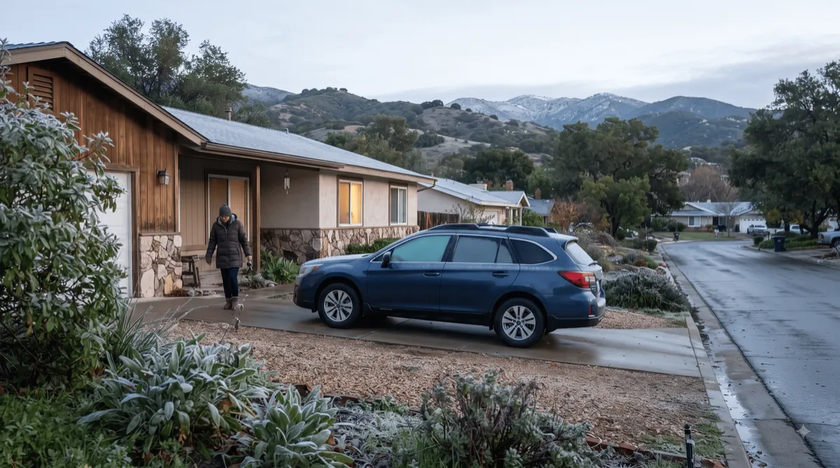 Frosty winter morning at a home in Alpine California with foothills and clear skies in the background