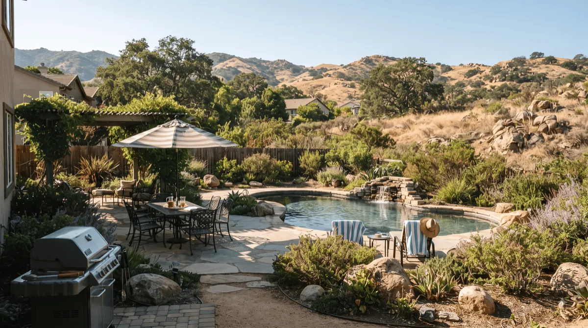 Sunny summer afternoon in Alpine California with rolling foothills, dry grasses, mature trees, and a rural residential landscape