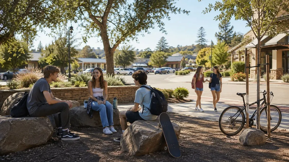 Teenagers walking outside a high school campus in the foothill setting of Alpine California