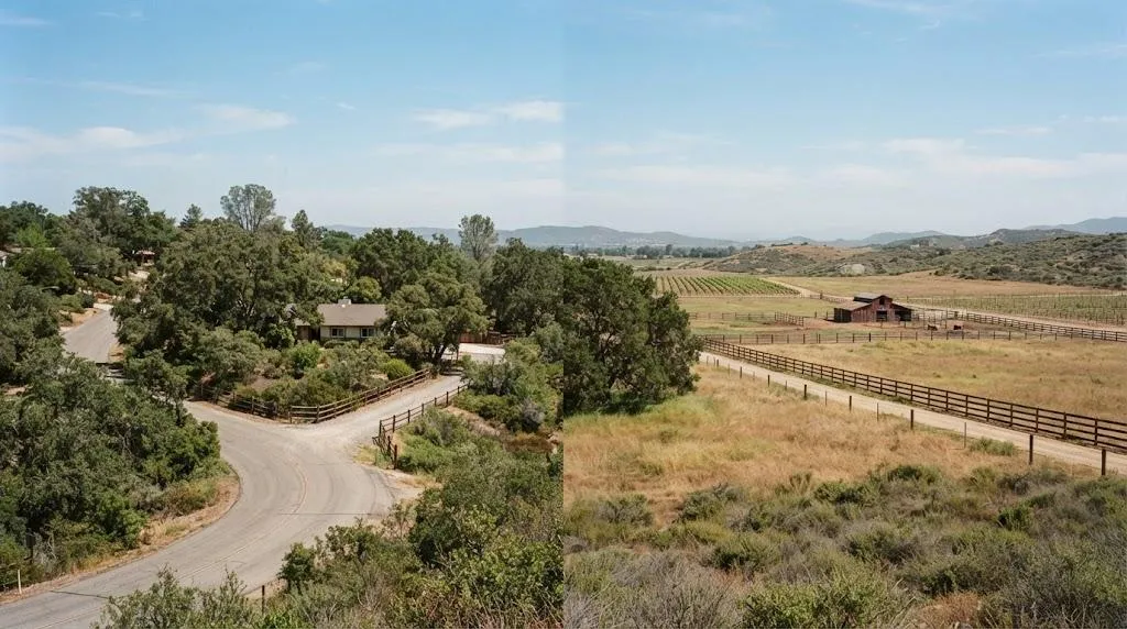 Rural homes and open landscapes representing the different lifestyles of Alpine and Ramona California