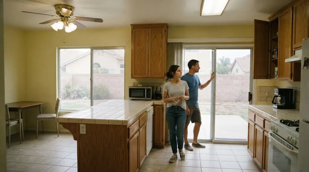 San Diego home buyer touring a dated home with renovation potential and strong long-term value