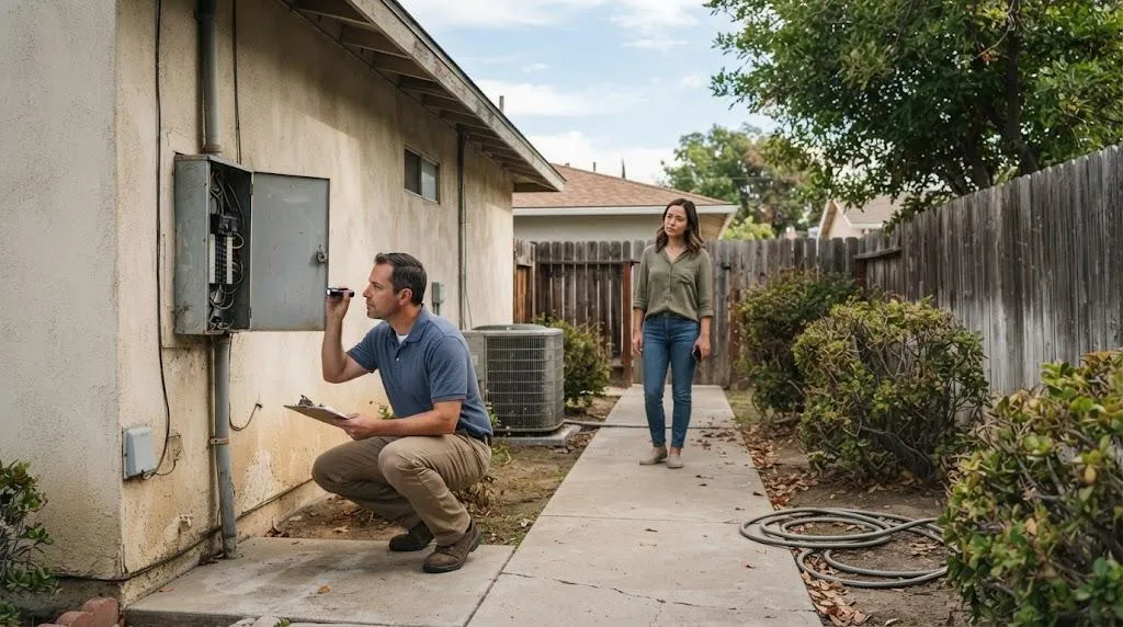 San Diego home buyer touring a dated fixer-upper that needs cosmetic renovations and repairs