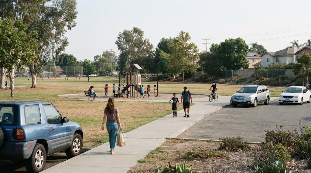 San Diego neighborhood with homes, parks, and outdoor spaces representing different community options for families