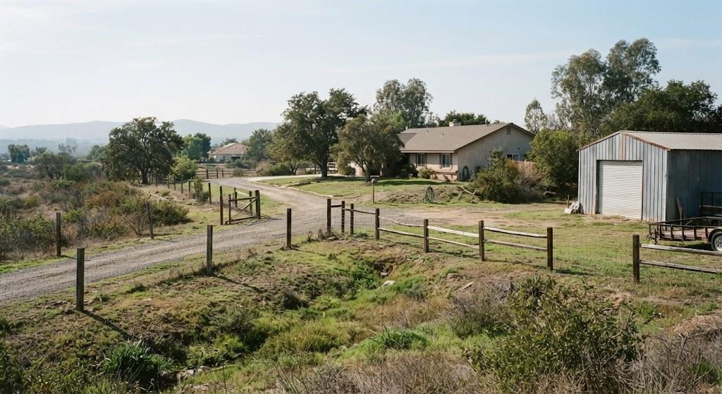 Rural East County San Diego home with acreage, private road, outbuildings, and surrounding foothills
