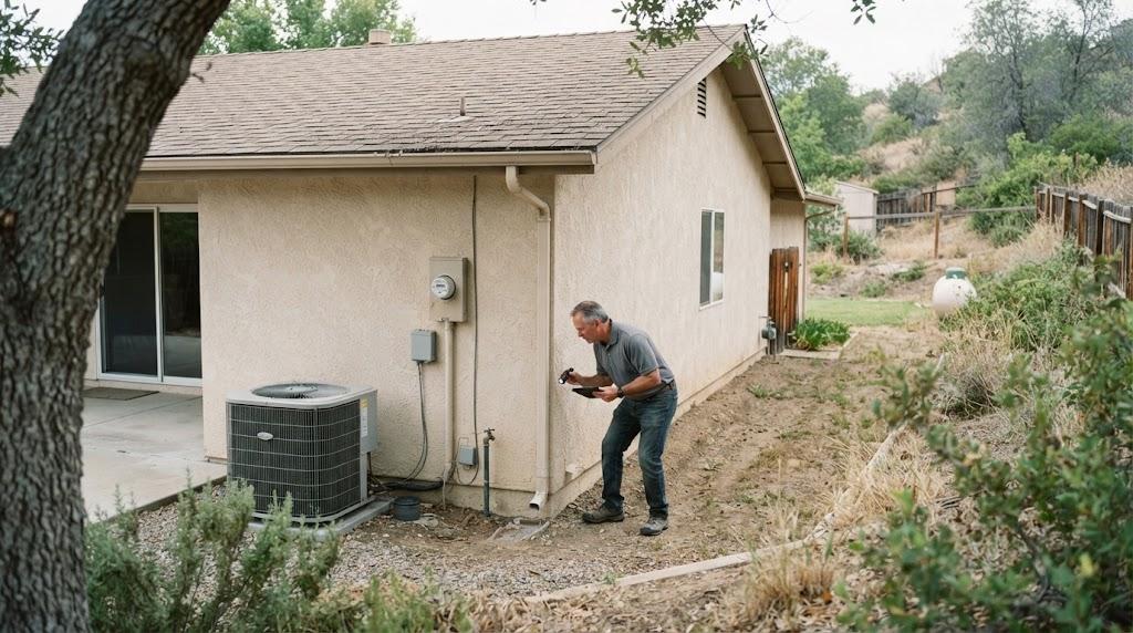 Alpine California home buyer inspecting a rural property with acreage, outbuildings, a private driveway, and surrounding foothills