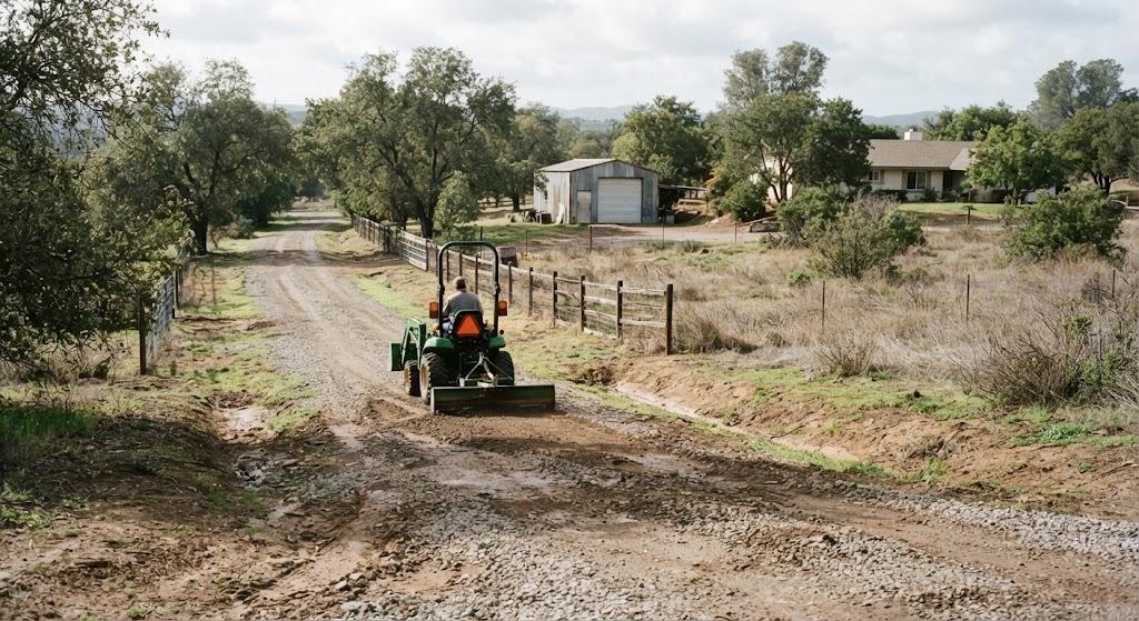Rural East County San Diego property with acreage, a long driveway, outbuildings, fencing, and surrounding land requiring ongoing maintenance
