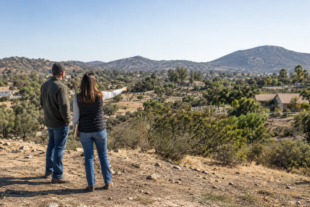 Vacant land in Alpine California with open acreage, rolling foothills, and a rural access road for a future homesite