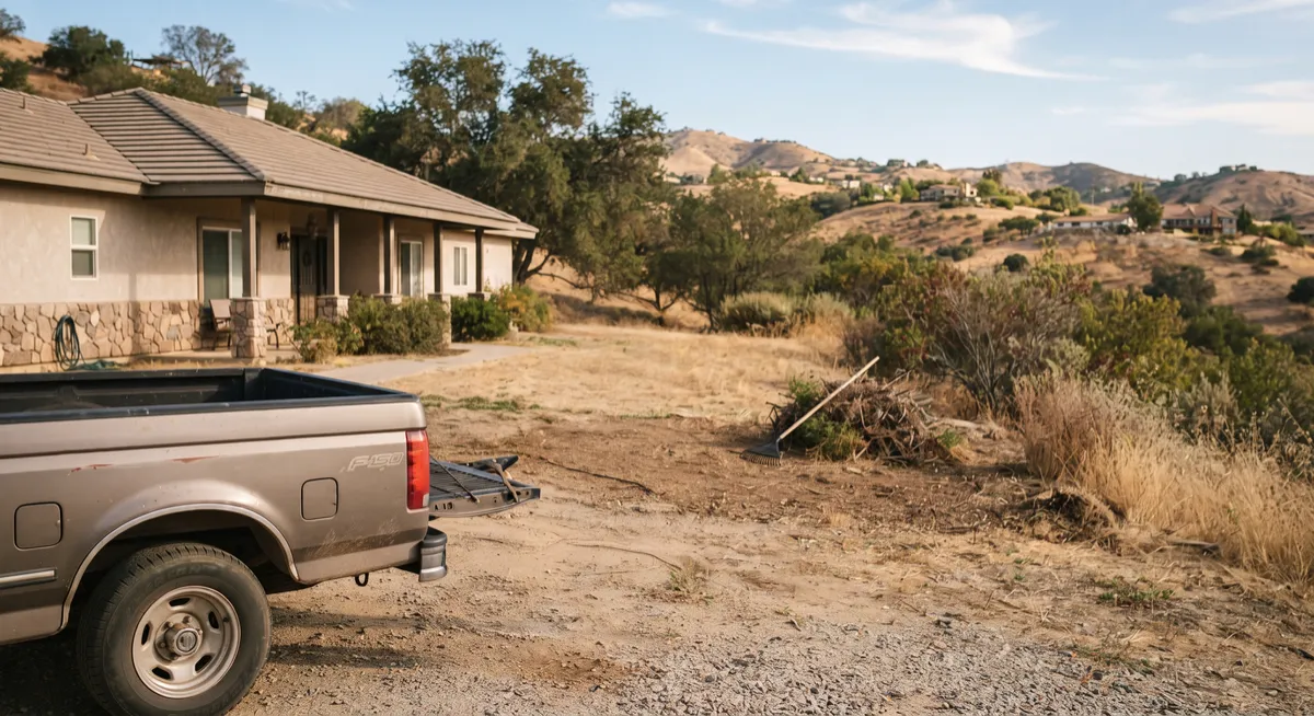 Rural East County San Diego property with acreage, fencing, a long driveway, outbuildings, and surrounding vegetation