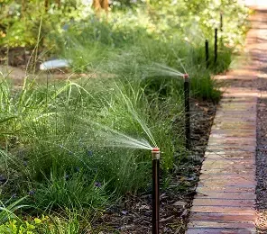 Lawn sprinkler operating in a lush green yard
