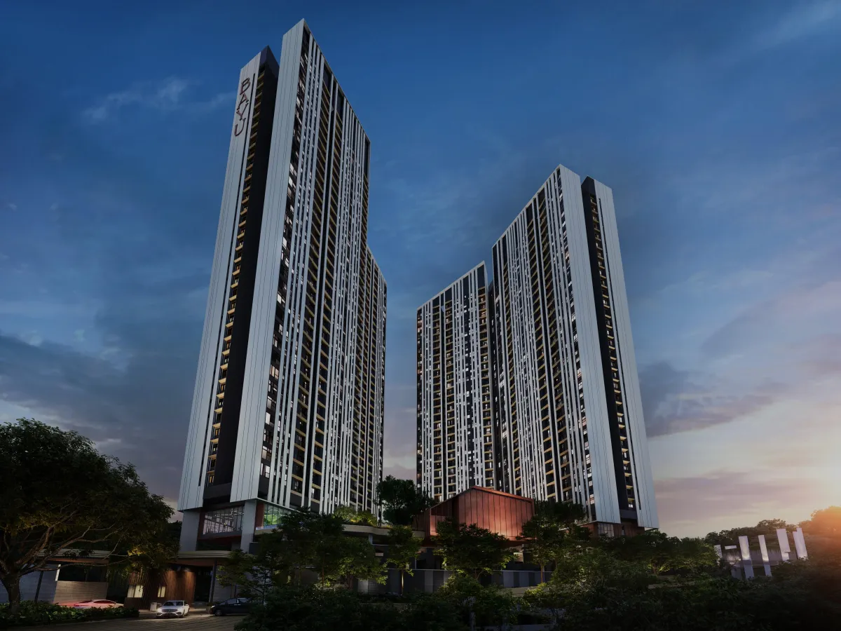 Bayu Residence facade design during sunset at sabah damai