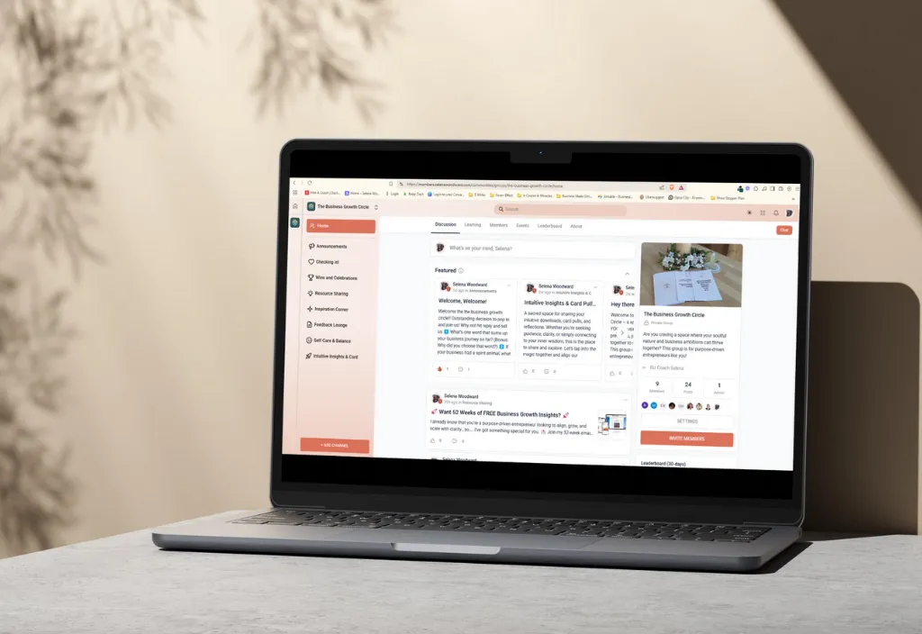 Image of a laptop with Biz Coach Selena's online community on it