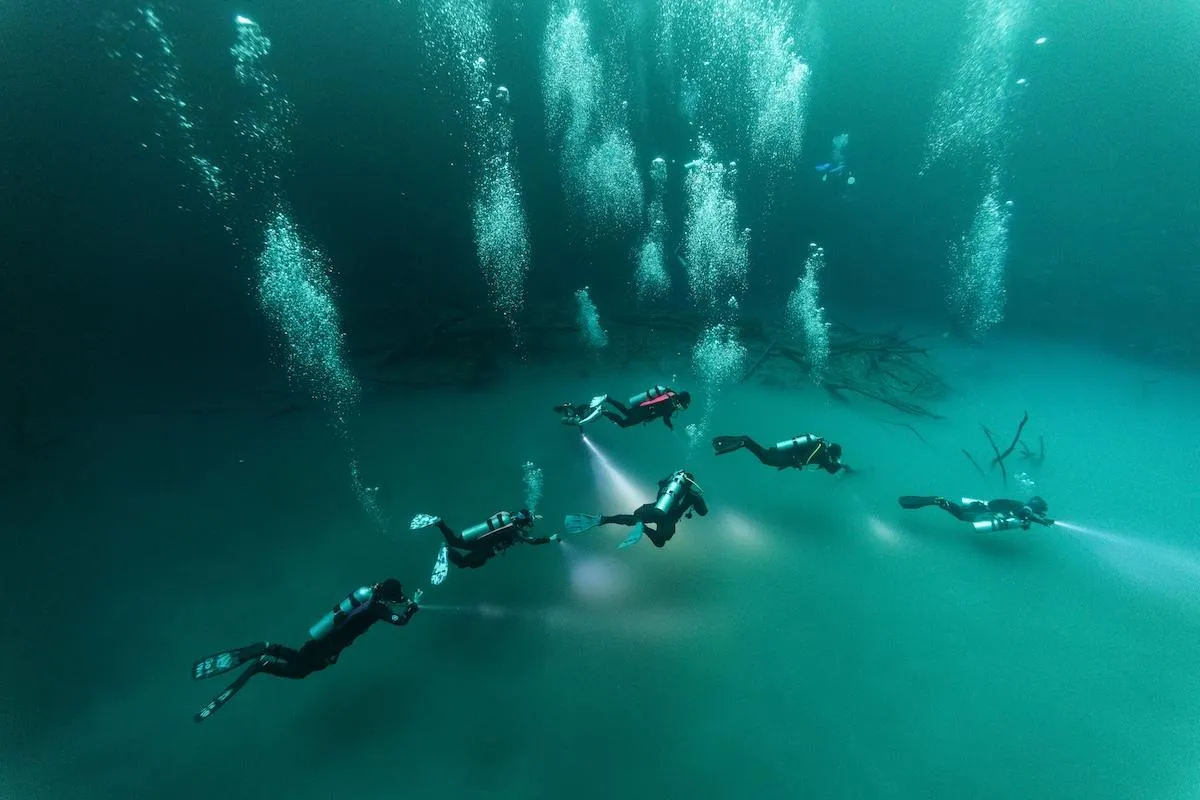 Divers exploring the surreal depths of Angelita cenote