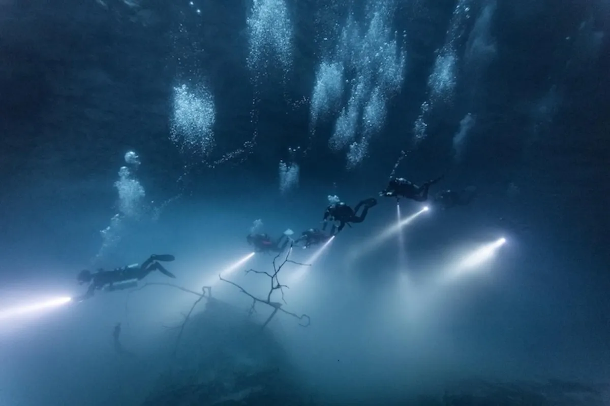 Scuba divers descending into El Pit cenote near Tulum. 