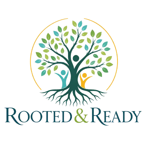 Botanical roots and a sprout in a calm teal/green palette, representing grounded support and student growth