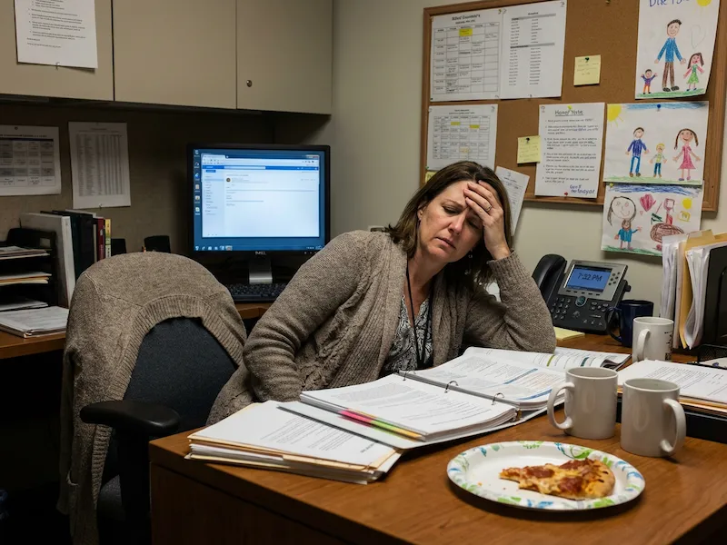 School counselor slumped on desk at end of day