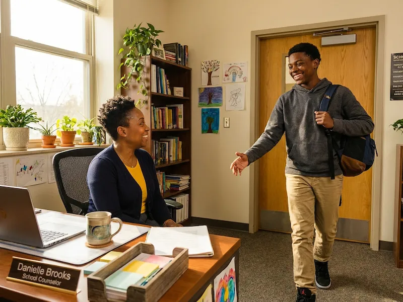 Students enters school counselors office smiling