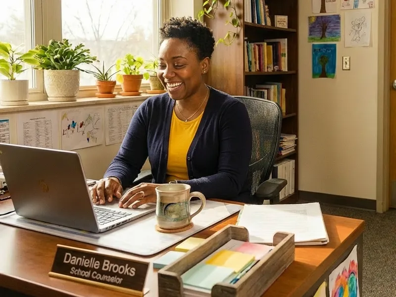 School counselor smiling while sending an email