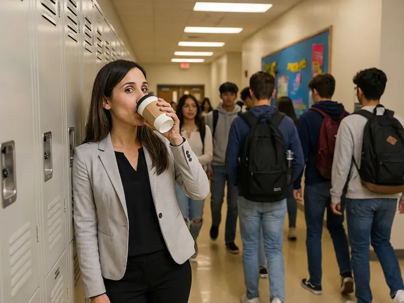 school counselor in corridor drinking a coffee