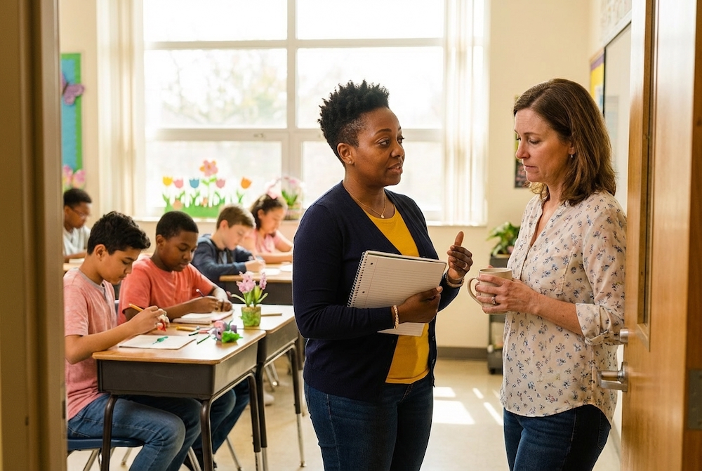 School counselor Danielle Brooks sharing supportive classroom strategies with a teacher before spring break