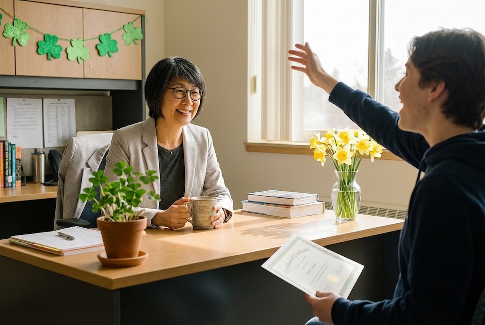 School counselor Naomi Fujiwara sharing a joyful moment of connection with a student in her office on St. Patrick's Day