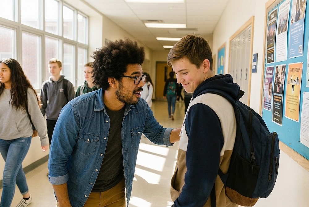 School counselor Marcus Hill briefly and genuinely acknowledging a student in the hallway, building their sense of capability
