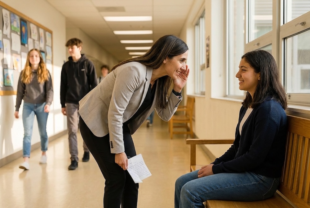 School counselor Marisol Vega writing a note to a parent while observing a student growing in confidence through the noticing project