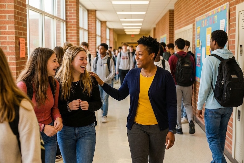 School counselor Danielle Brooks spotting a formerly struggling student thriving in the hallway during passing period