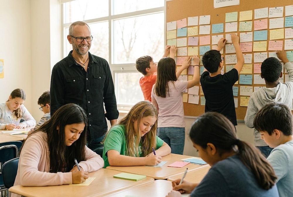 School counselor Evan Carter watching students write and post their end of year intention cards on a classroom wall