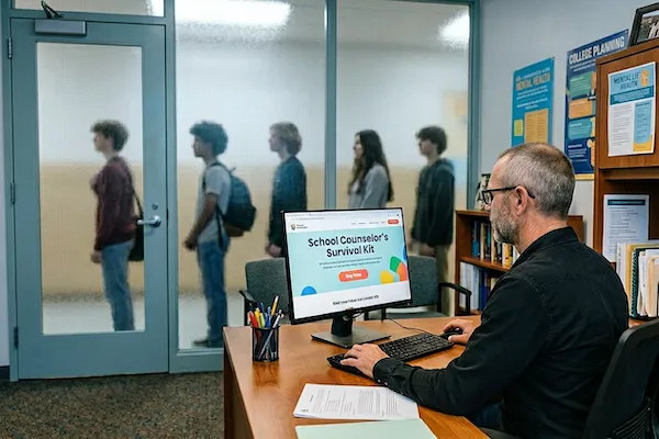 school counselor about to buy school counselor's survival kit while there is a line of students outside his office