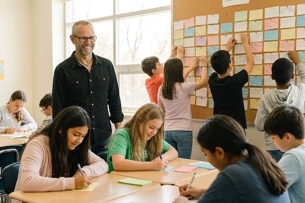 school counselor working with kids in class