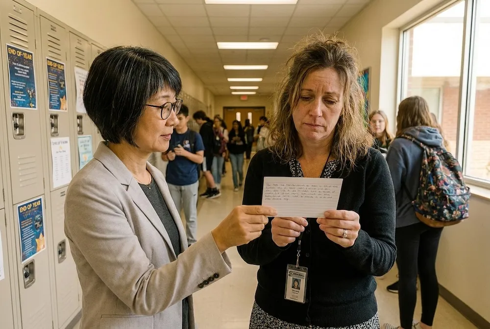 School counselor Naomi Fujiwara handing a 3x5 reflection card to a teacher, encouraging an intentional and solution-focused end to the school year