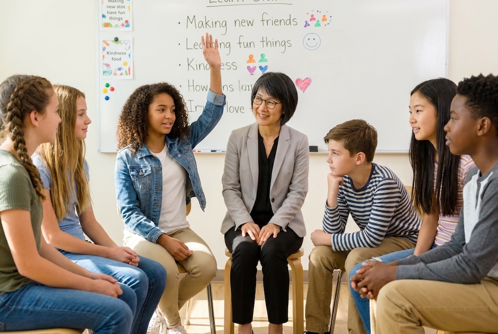 School counselor Naomi Fujiwara sitting with a diverse group of engaged students discussing their hopes for the new school year