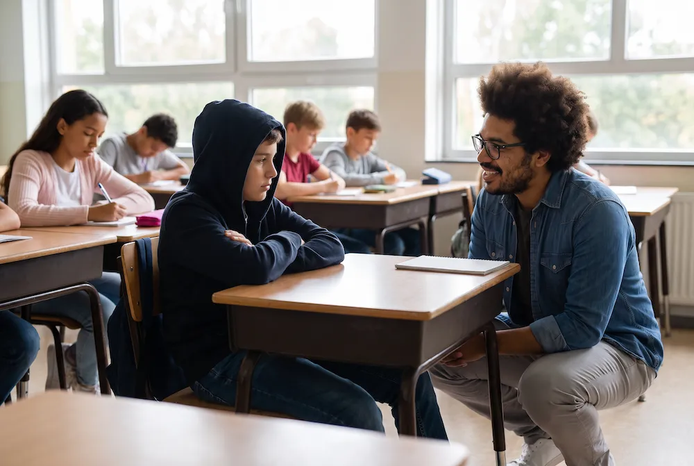 School counselor Marcus Hill connecting with a reluctant student in the classroom