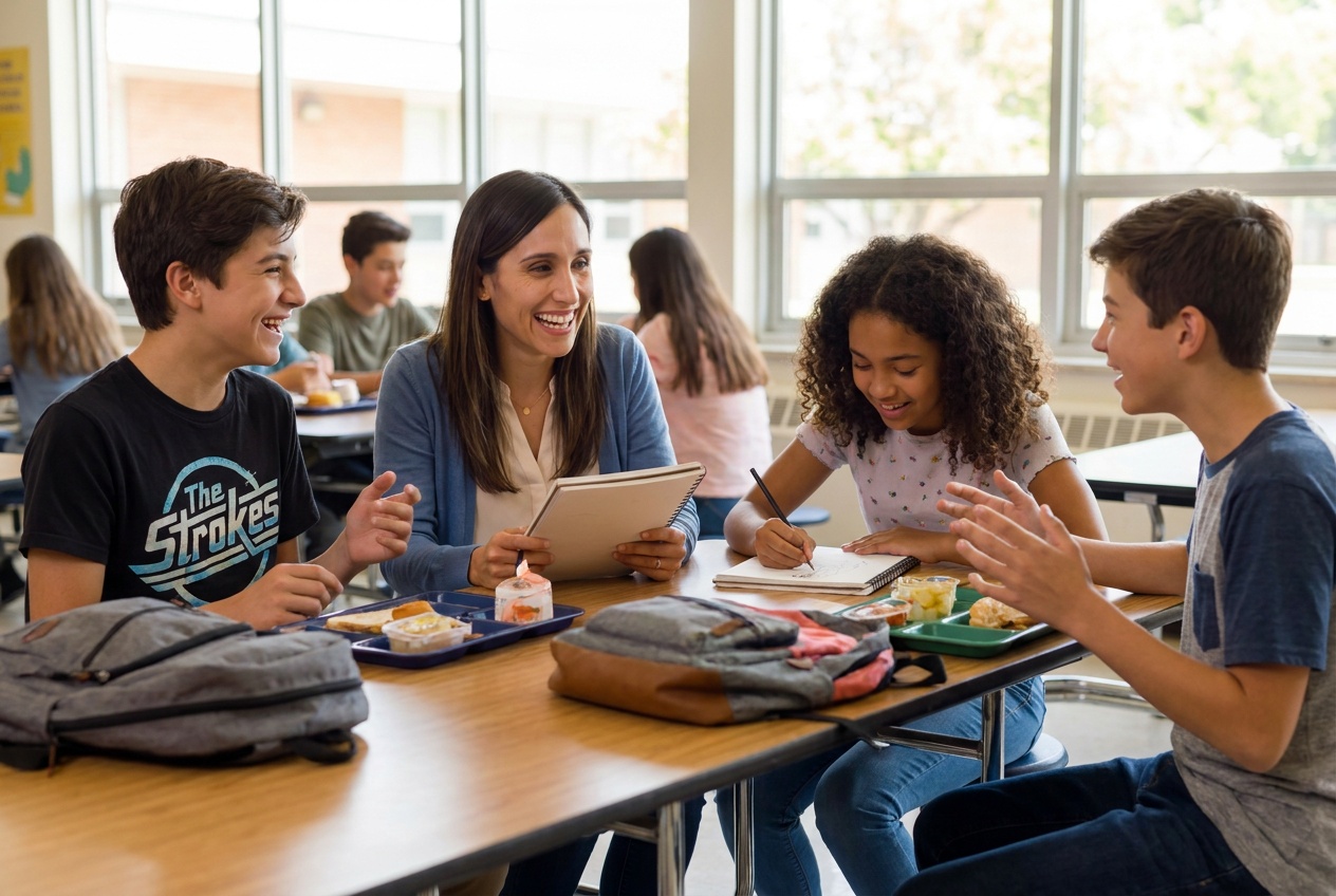 School counselor Marisol Vega with a group of students bonding over a shared interest at lunch