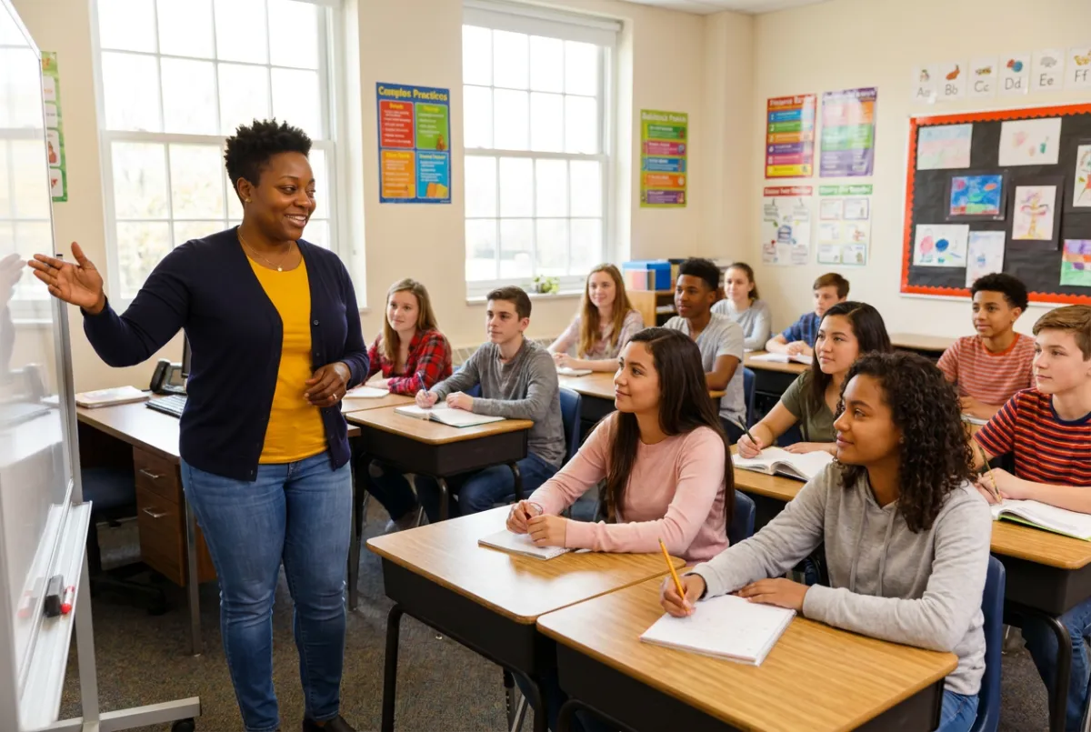 School counselor standing at the front of a sunlit classroom, talking with attentive students during a lesson on kindness and inclusion