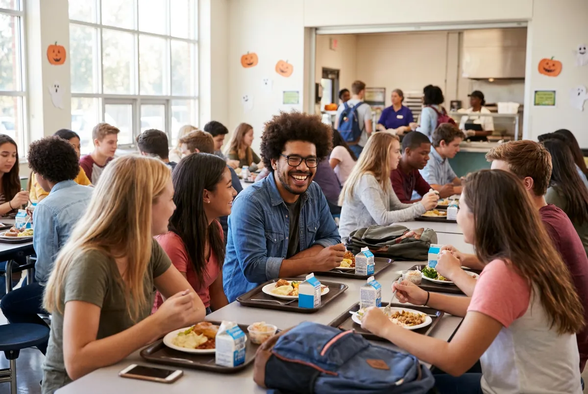 A school counselor sits at a cafeteria lunch table with students, making room for one more student to join them, with paper Halloween decorations on the walls.