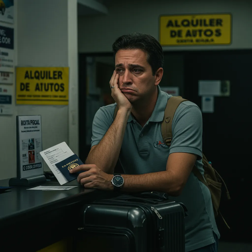 Frustrated traveler at a rental counter reviewing a confusing contract