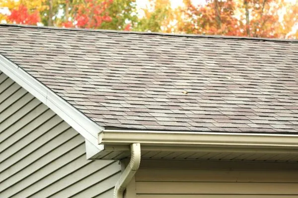 A home with intact siding, gutters, and roofing framed by autumn foliage, showing a house that is winter ready.